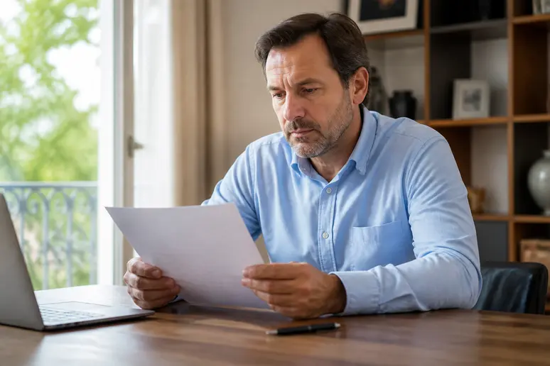 Un homme d'âge mûr examine attentivement une offre de prêt bancaire à son bureau, la concentration dans le regard.