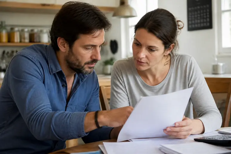 Un couple français consulte une offre de prêt, un calendrier à proximité suggérant le passage du temps et la planification.