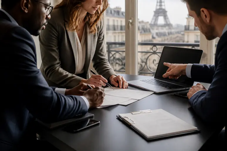 Des professionnels financiers à Paris examinent minutieusement des dossiers de prêt sur un bureau moderne, dans une atmosphère de concentration.