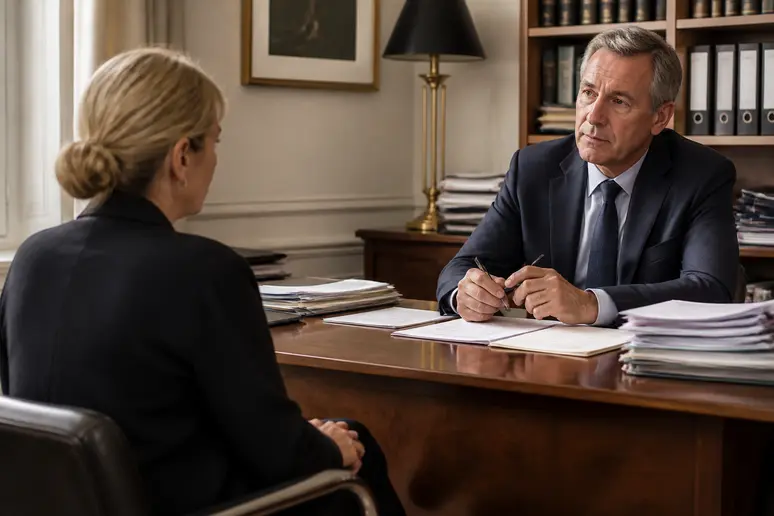 Avocat conseillant une cliente dans un cabinet sur ma femme me demande une pension compensatoire.