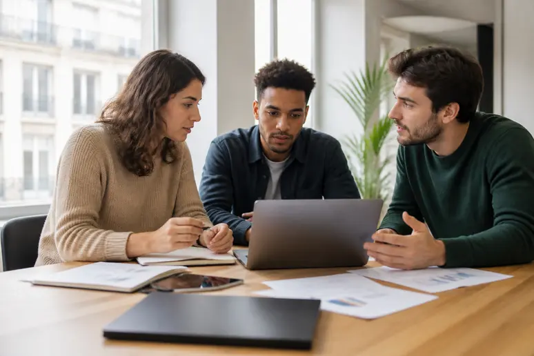 Gestion mfr-intranet : collaborateurs échangeant sur des données numériques dans un bureau moderne.