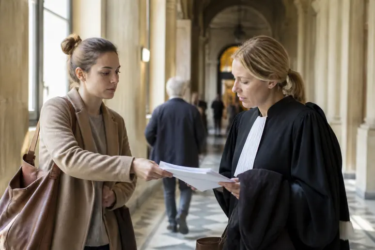 Femme remettant des documents à un avocat pour une procédure aux Prud'hommes, mon-patron-traine-pour-mon-solde-de-tout-compte