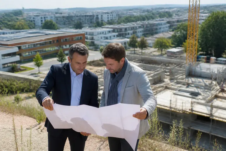 Un chef de projet et un architecte discutent sur un chantier immobilier en banlieue de Lyon, illustrant la diversité des actifs immobiliers.