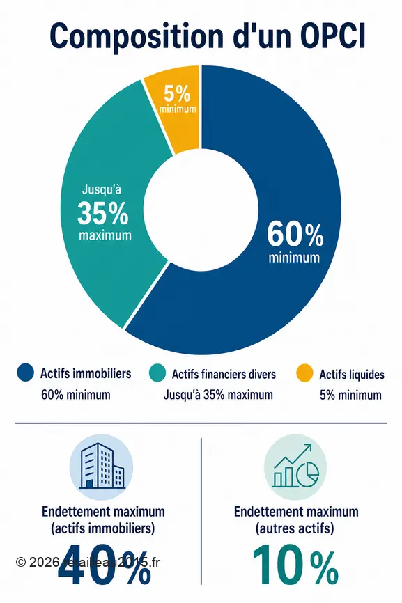Infographie montrant la répartition des actifs d'un OPCI, incluant les limites d'endettement autorisées.