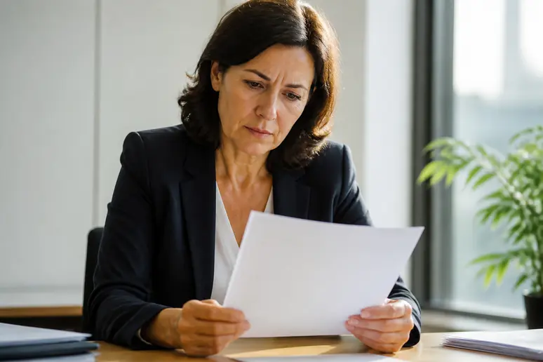 Une salariée réfléchit attentivement à un document d'avenant proposé dans un bureau lumineux, en France.