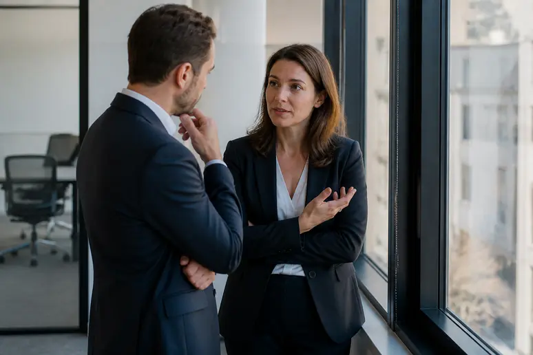 Deux collègues français échangent calmement des idées sur une proposition d'avenant dans un bureau moderne.