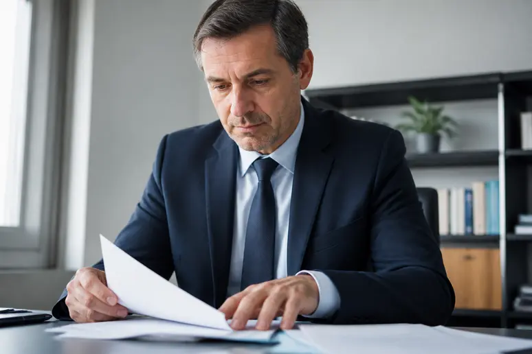 Un homme examine des documents financiers, exemple de gestion d'une saisie-attribution sur compte bancaire.