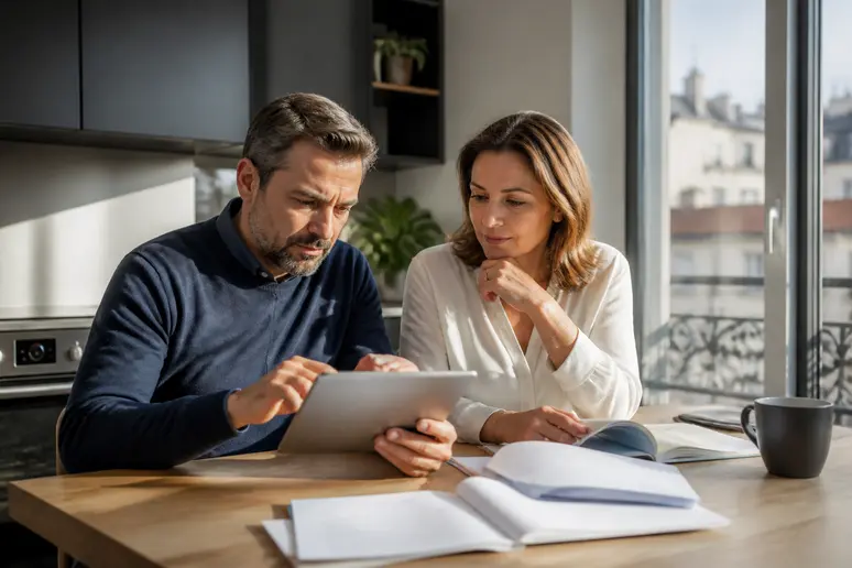 Couple français analysant leurs placements scpi-dans-assurance-vie sur une tablette.