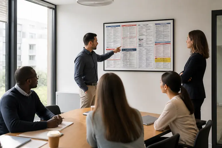 Employés consultant des informations sur l'affichage obligatoire en entreprise dans une salle de réunion moderne.