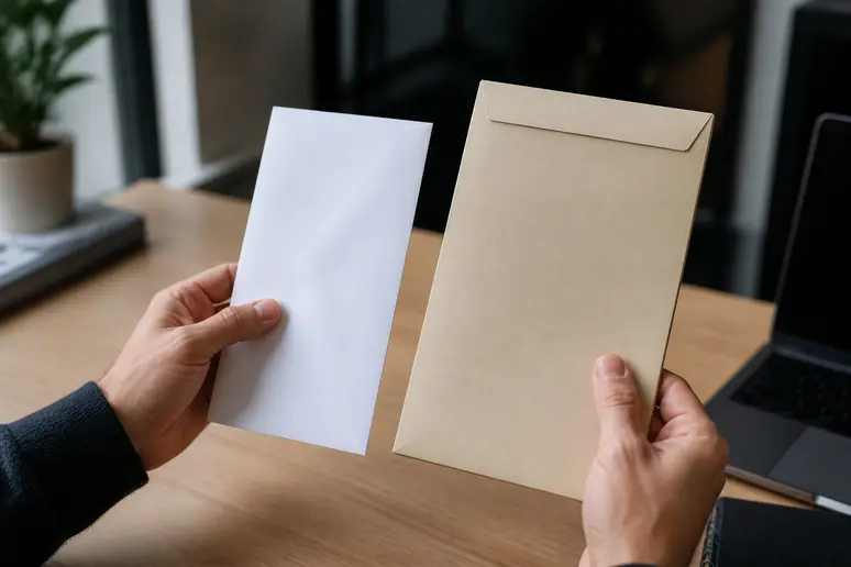 Comparaison de deux enveloppes, une standard et une plus volumineuse, pour illustrer les différences de format.