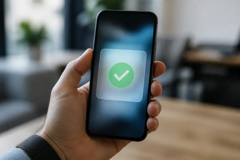 Main tenant un smartphone affichant une notification de reçu numérique confirmant un envoi officiel.