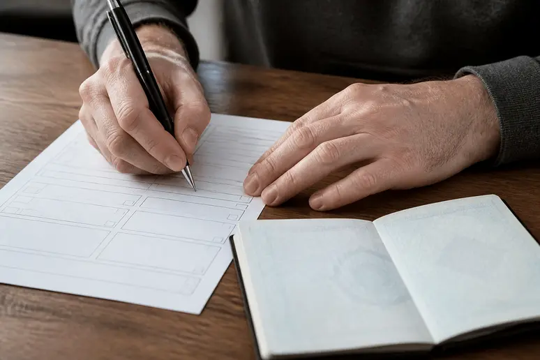 Main tenant un stylo pour remplir un formulaire administratif officiel.