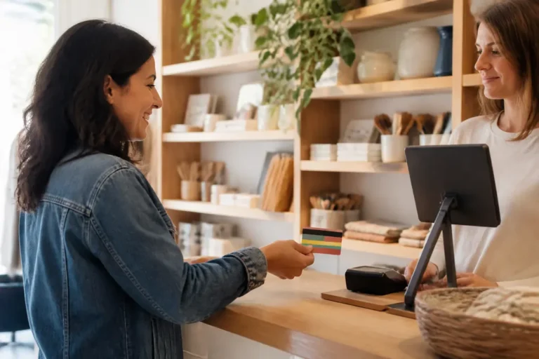 Client utilisant sa carte de paiement dans une boutique parmi les enseignes acceptant Cadhoc