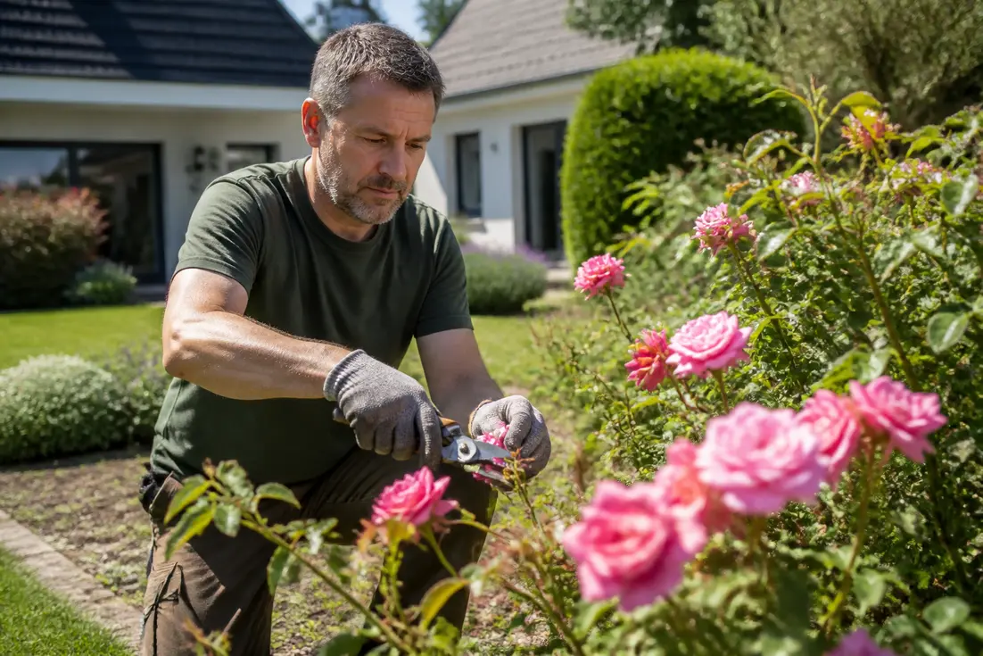 Un homme taille ses rosiers, étape clé pour déclarer des travaux éligibles en case 7db impôt jardin.