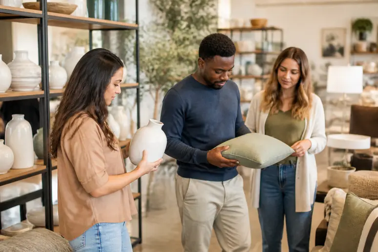 Un couple et une amie choisissent des articles pour la maison où utiliser leurs chèques Cadhoc.
