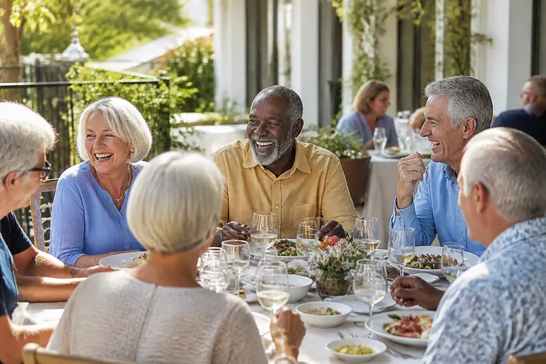 Des retraités souriants partagent un repas convivial en terrasse lors d'un séjour de vacances groupé.