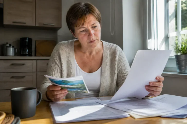 Une retraitée examine des documents sur les aides vacances, cherchant des informations sur le chèque-vacances Agirc-Arrco.