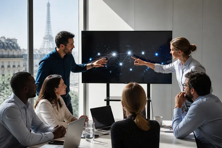 Débouchés professionnels CISSP : une équipe discute stratégies de cybersécurité dans un bureau parisien.