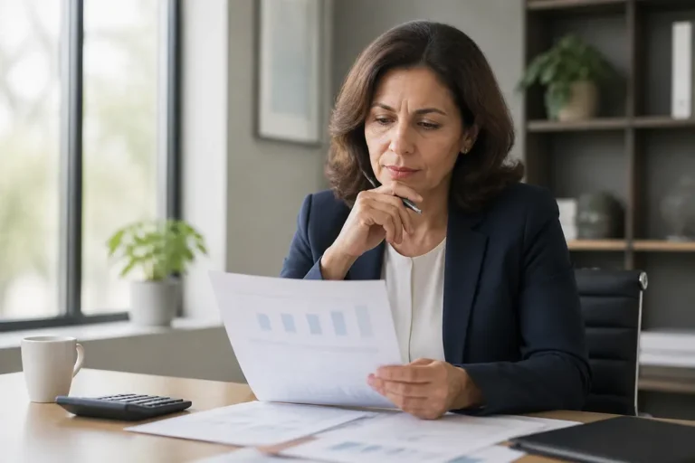 Gestionnaire analysant son compte épargne-temps sur un document, au bureau.