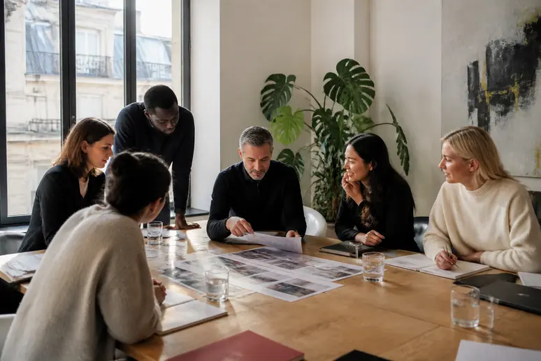 Réunion dans une agence de publicité pour discuter des clauses clés d'un contrat d'égérie définition.