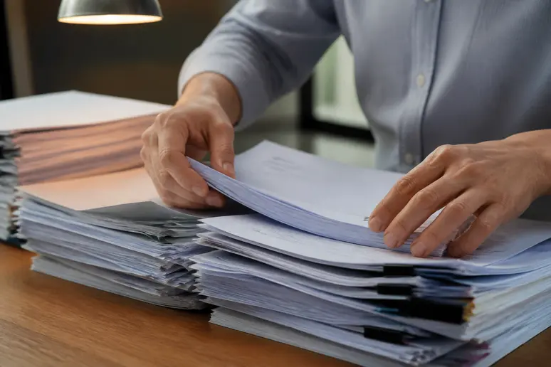 Mains organisant des documents professionnels, des plans et des dossiers financiers sur une table de bureau.