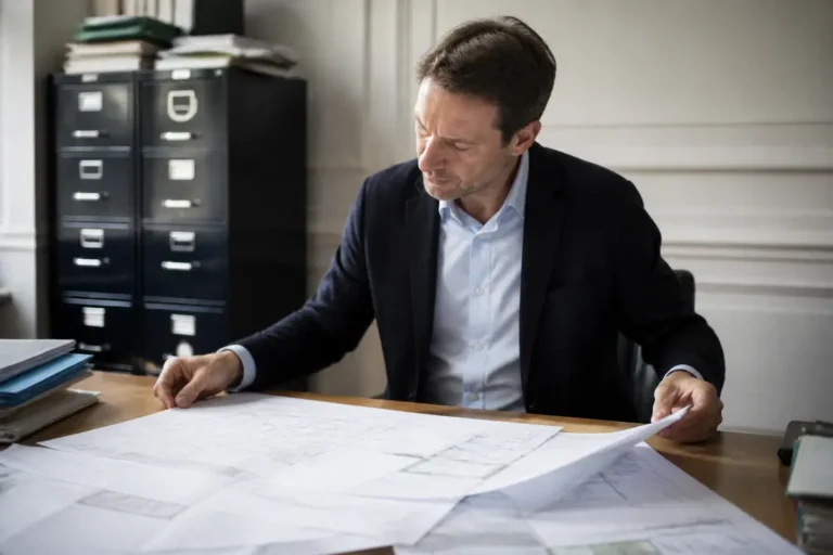 Agent du Domaine examinant des plans pour un appel d'offres DIE de biens immobiliers de l'État.