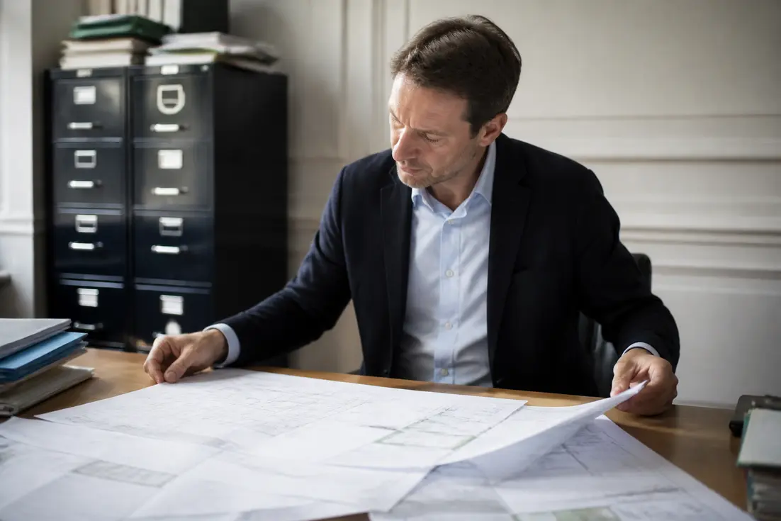 Agent du Domaine examinant des plans pour un appel d'offres DIE de biens immobiliers de l'État.