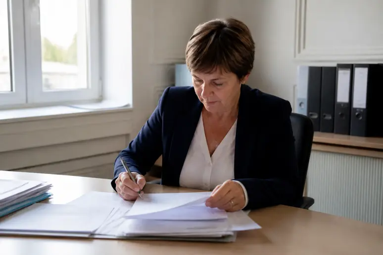 Femme française traitant un dossier de demande arce refusée recours en attente de solution.