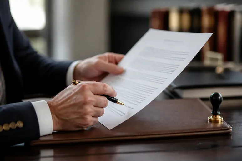 Mains d'un notaire tenant un document juridique lors d'une procédure successorale.