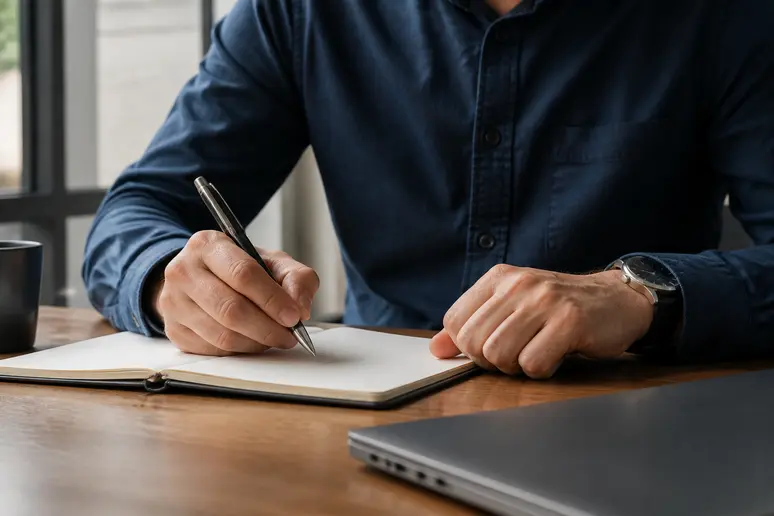 Carnet de notes ouvert avec des questions préparées pour un entretien d'embauche