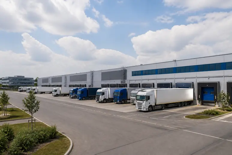 Plateforme logistique et quais de chargement du hub de Harnes pour les camions de transport
