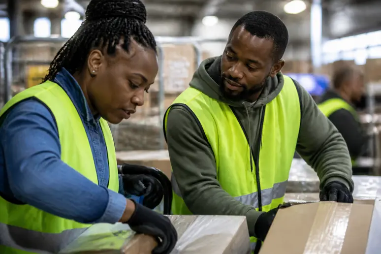 Employés en gilet de haute visibilité gérant les flux de colis dans l'entrepôt