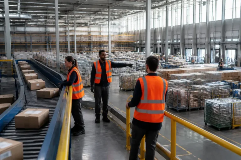 Intérieur d'un grand entrepôt logistique montrant le hub harnes accès ressources et la gestion des flux de colis