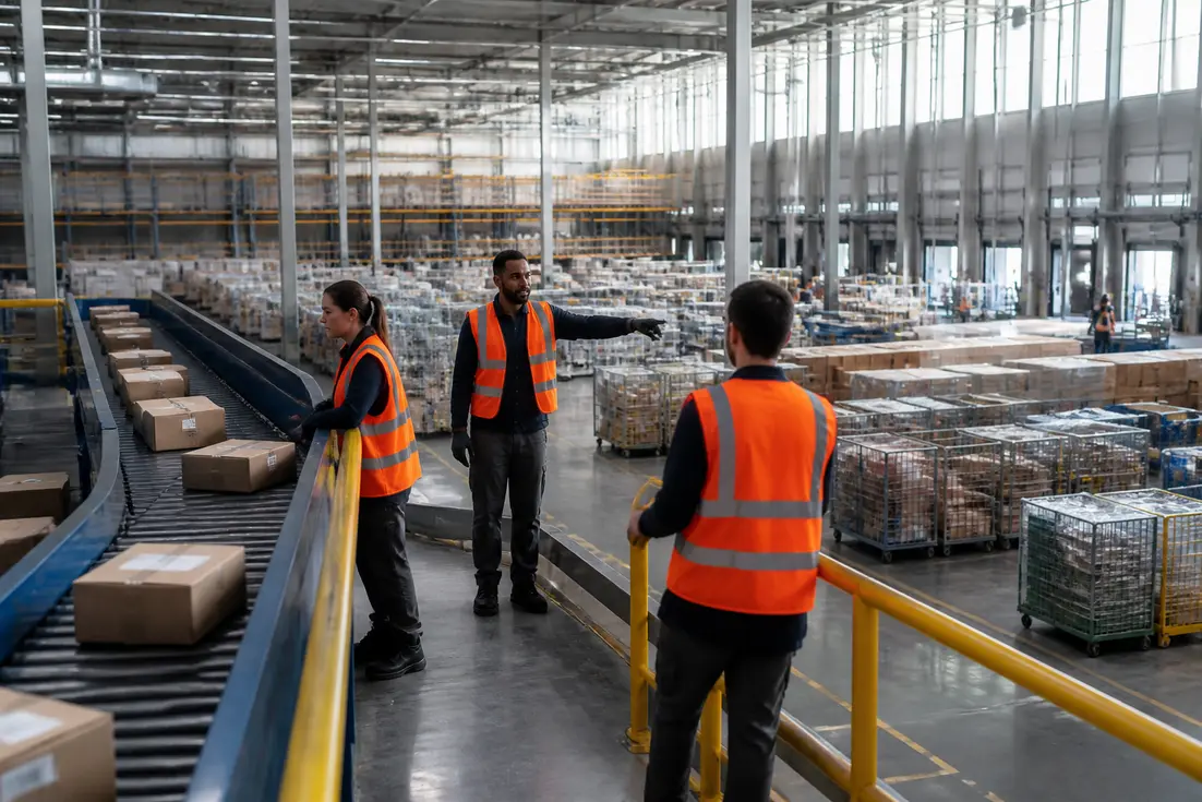 Intérieur d'un grand entrepôt logistique montrant le hub harnes accès ressources et la gestion des flux de colis