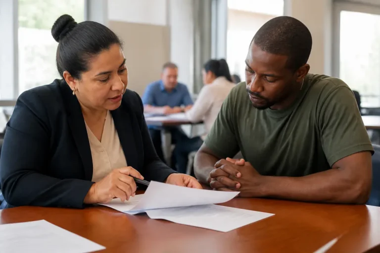 Conseiller et demandeur d'emploi en entretien pour comprendre dispositifs accompagnement au bureau