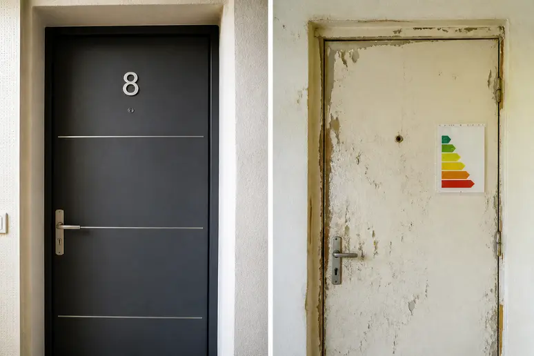 Portes d'appartement contrastées : une moderne et bien entretenue, l'autre plus ancienne avec un étiquette DPE visible.