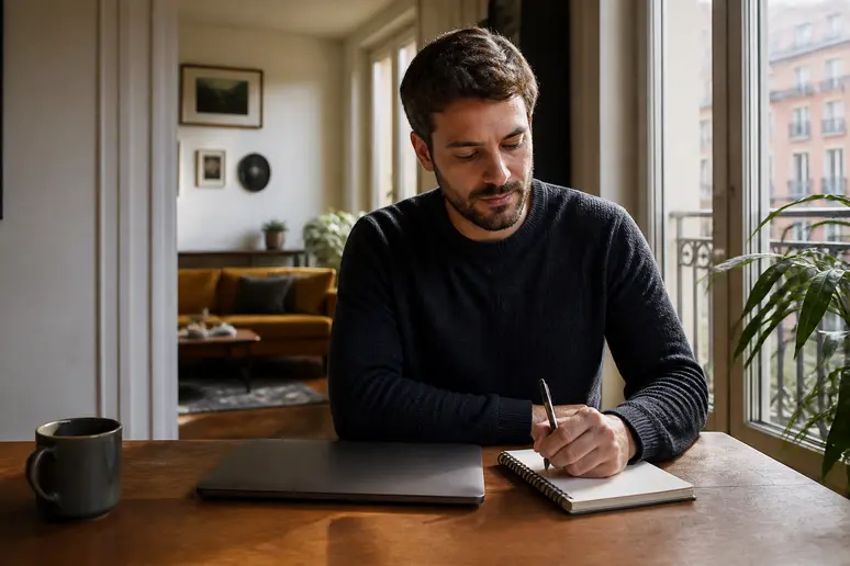 Agent public en télétravail consultant ses notes professionnelles près d'une fenêtre lumineuse