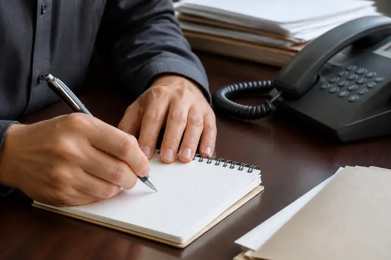 Prise de notes sur un bloc-notes lors d'un appel au support informatique régional