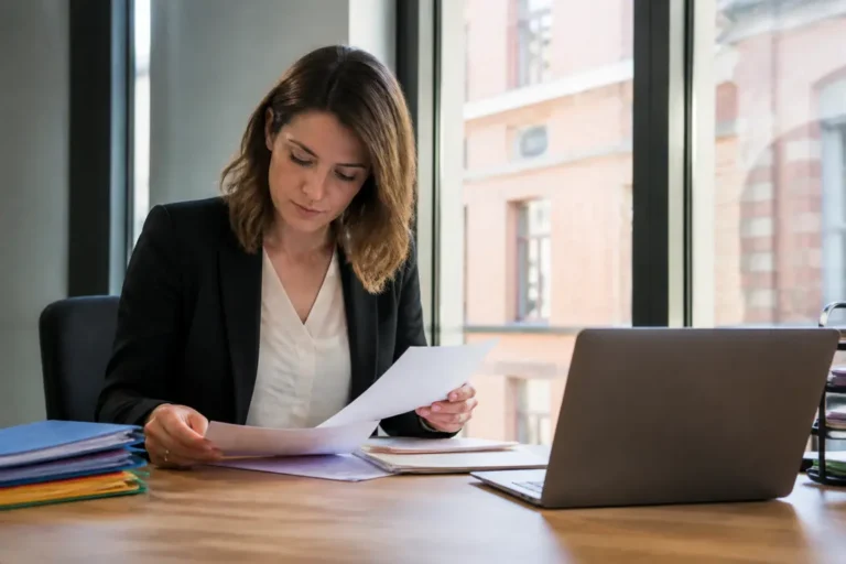 Employé consultant des documents administratifs sur son bureau pour savoir comment accéder intranet Occitanie en télétravail