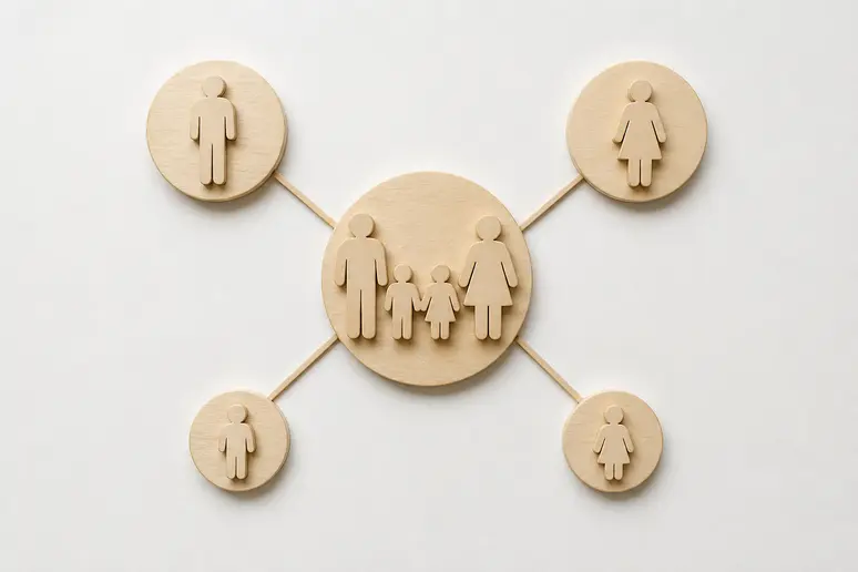 Illustration schématique du calcul des parts fiscales d'un foyer, avec des icônes familiales et des connexions visuelles.