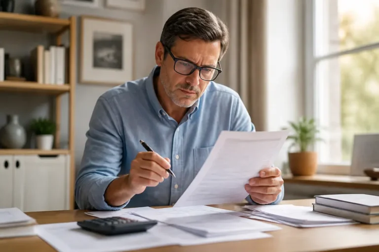 Calcul de l'IRPP : un homme réfléchit à ses finances personnelles depuis son bureau à domicile.