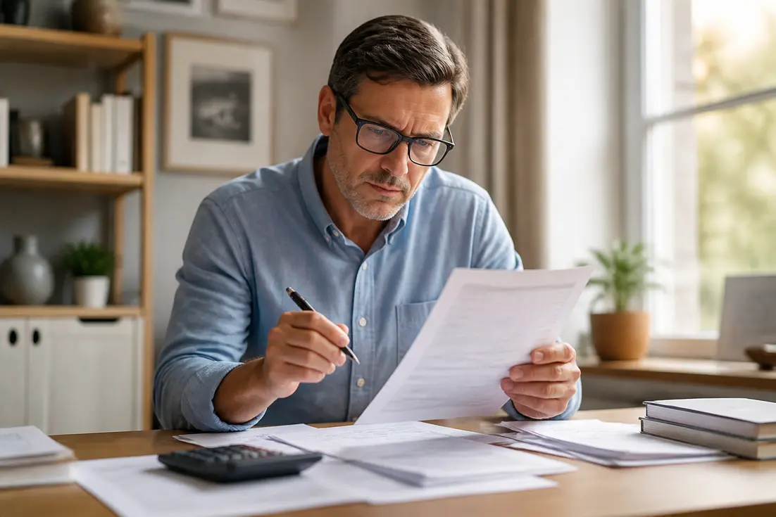 Calcul de l'IRPP : un homme réfléchit à ses finances personnelles depuis son bureau à domicile.