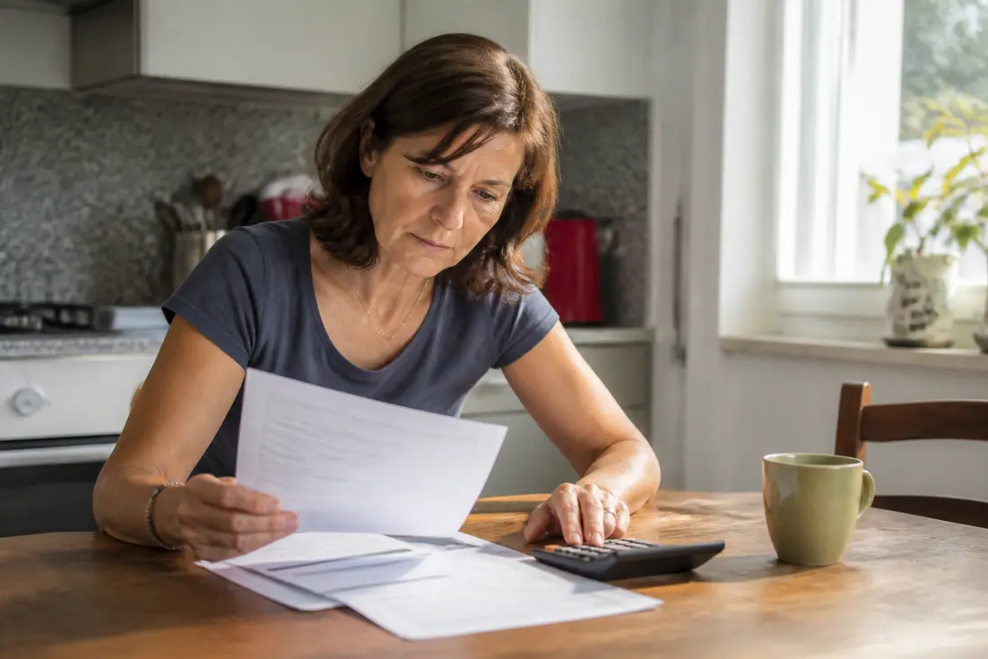 Une retraitée française examine des papiers financiers, se demandant si la pension de réversion est à vie.