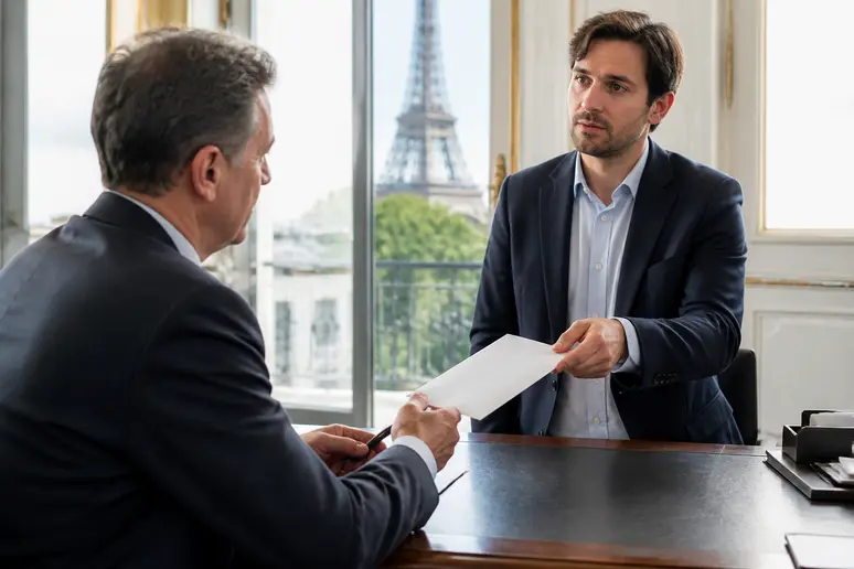 Homme d'affaires remettant sa lettre de démission en main propre pour formaliser son départ.