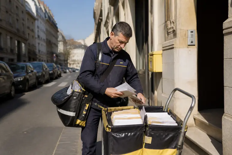 Agent de La Poste triant des courriers pour le délai de livraison lettre verte dans une rue française.
