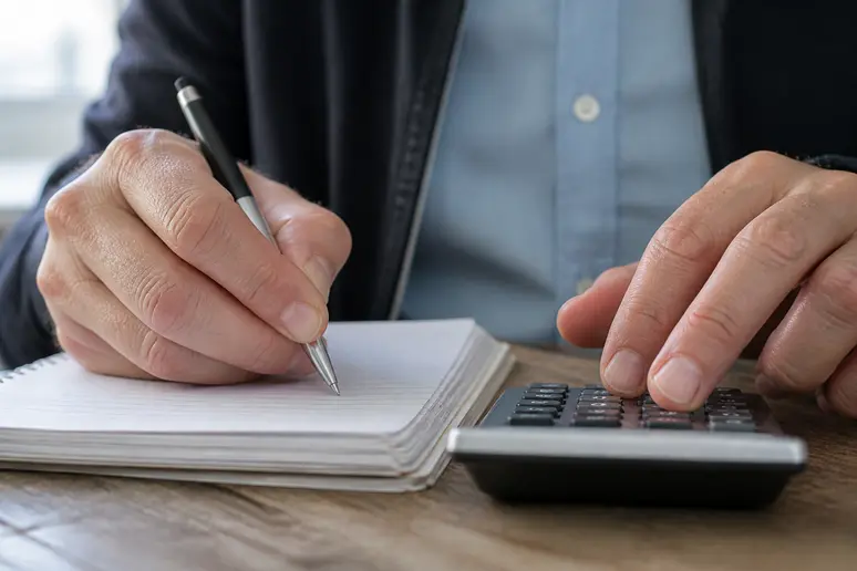 Mains d'une personne calculant le rendement net d'un livret d'épargne avec un stylo et une calculatrice.