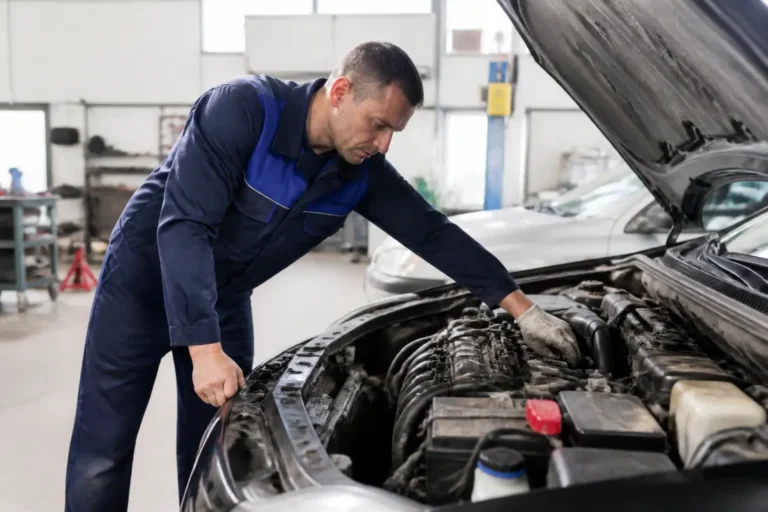 Un garagiste vérifie le moteur d'une voiture d'occasion dans un atelier, illustrant le malus voiture occasion.