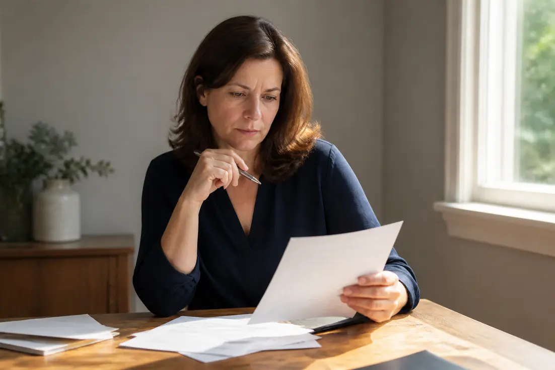 Une femme examine des documents pour connaître le montant aah versé en cas de cumul, assise à un bureau.