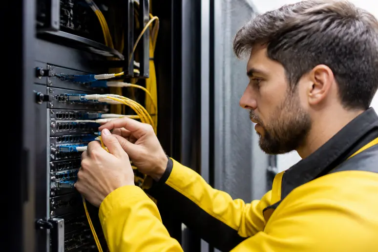 Technicien raccordant des câbles de fibre optique dans une baie de brassage pour un agrégateur de services