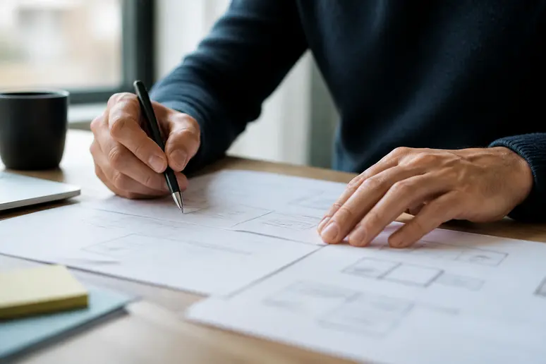 Mains d'un professionnel rédigeant les arguments d'une note d'intention sur une feuille de papier.